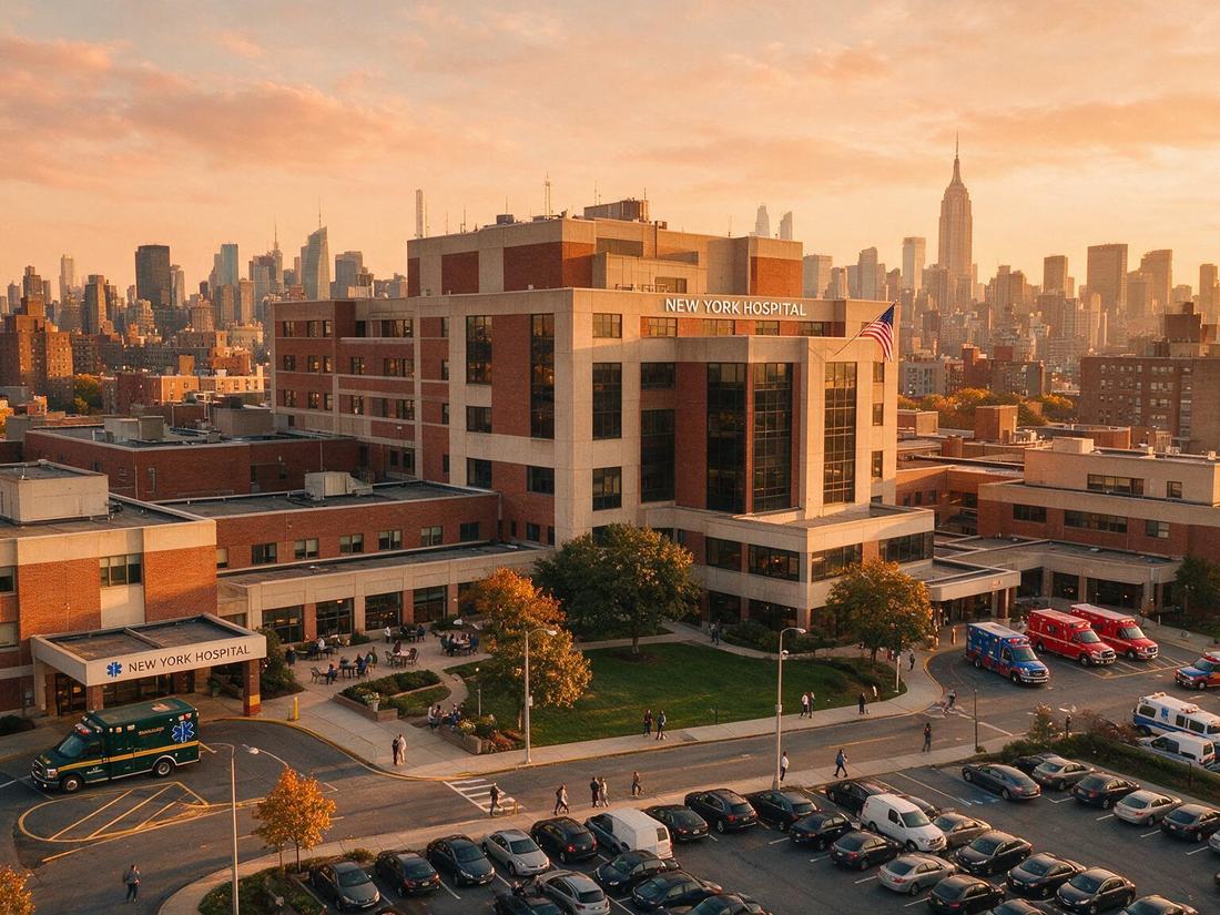 A hospital building at golden hour